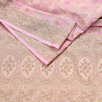 Indian Vintage Pink Dupatta Long Stole Woven Cotton Scarves Veil Golden Zari Soft Floral Design Wrap Boho Upcycle For Designing