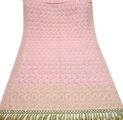 Indian Vintage Pink Dupatta Long Stole Woven Cotton Scarves Veil Golden Zari Soft Floral Design Wrap Boho Upcycle For Designing