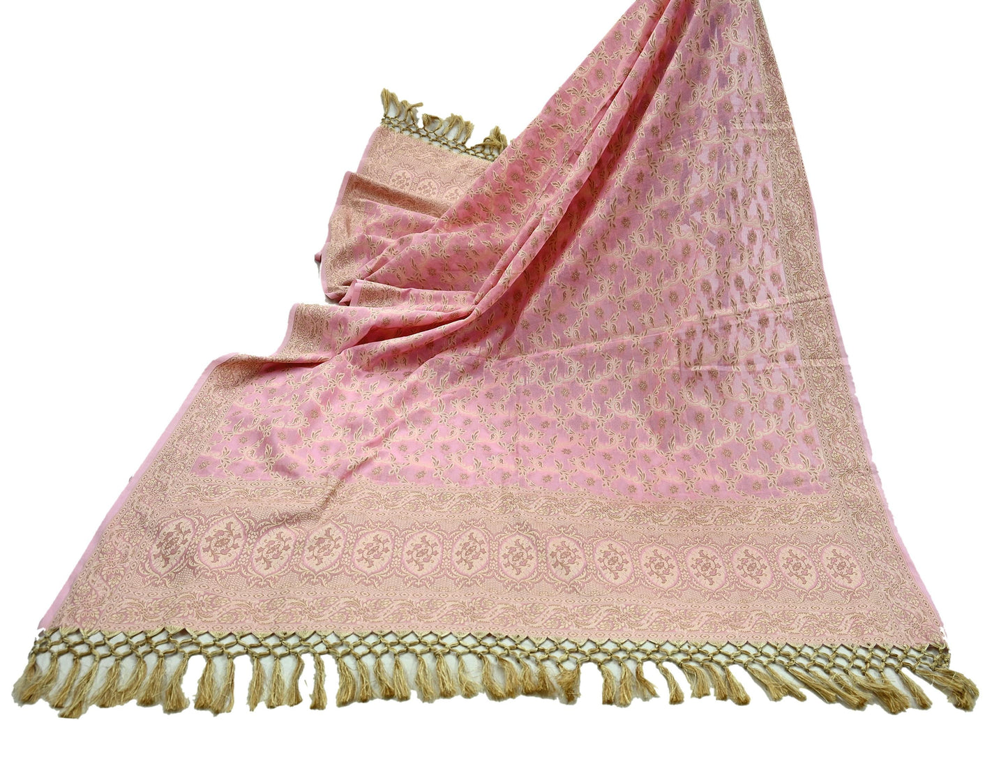 Indian Vintage Pink Dupatta Long Stole Woven Cotton Scarves Veil Golden Zari Soft Floral Design Wrap Boho Upcycle For Designing