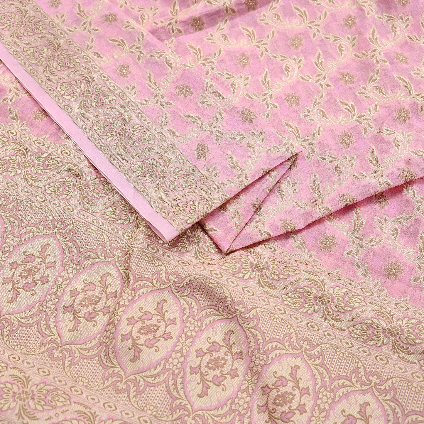 Indian Vintage Pink Dupatta Long Stole Woven Cotton Scarves Veil Golden Zari Soft Floral Design Wrap Boho Upcycle For Designing