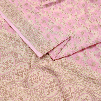 Indian Vintage Pink Dupatta Long Stole Woven Cotton Scarves Veil Golden Zari Soft Floral Design Wrap Boho Upcycle For Designing