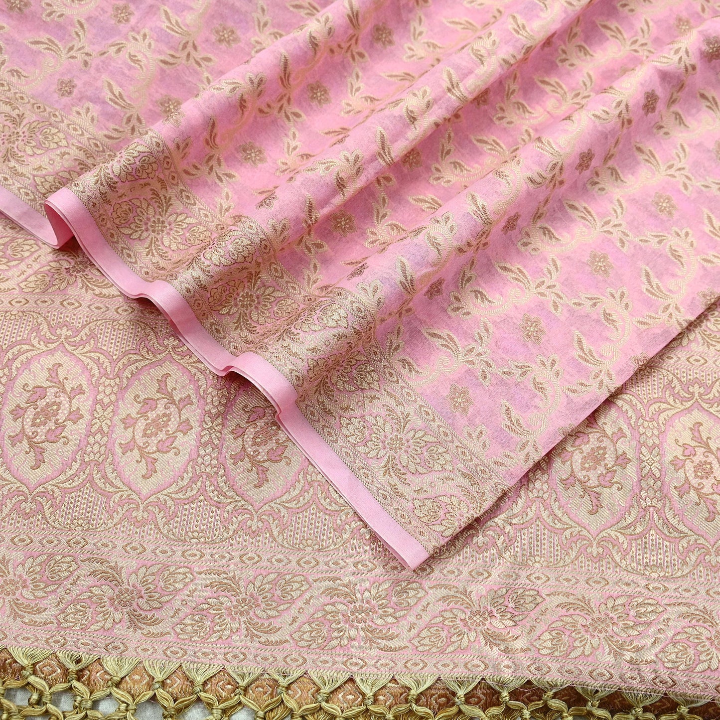 Indian Vintage Pink Dupatta Long Stole Woven Cotton Scarves Veil Golden Zari Soft Floral Design Wrap Boho Upcycle For Designing