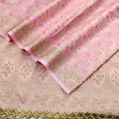 Indian Vintage Pink Dupatta Long Stole Woven Cotton Scarves Veil Golden Zari Soft Floral Design Wrap Boho Upcycle For Designing