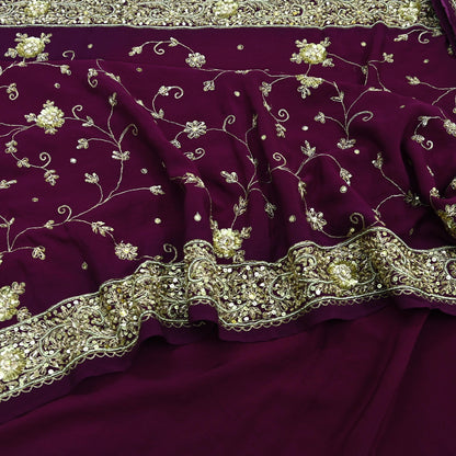 Indian Vintage Purple Saree | Pure Crepe Silk | Hand Embroidered with Zardozi | 5 Yards Soft Fabric for Sewing, Dressmaking, Craft Projects