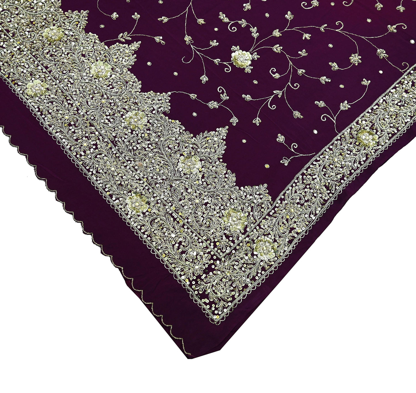 Indian Vintage Purple Saree | Pure Crepe Silk | Hand Embroidered with Zardozi | 5 Yards Soft Fabric for Sewing, Dressmaking, Craft Projects