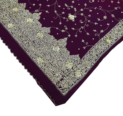 Indian Vintage Purple Saree | Pure Crepe Silk | Hand Embroidered with Zardozi | 5 Yards Soft Fabric for Sewing, Dressmaking, Craft Projects