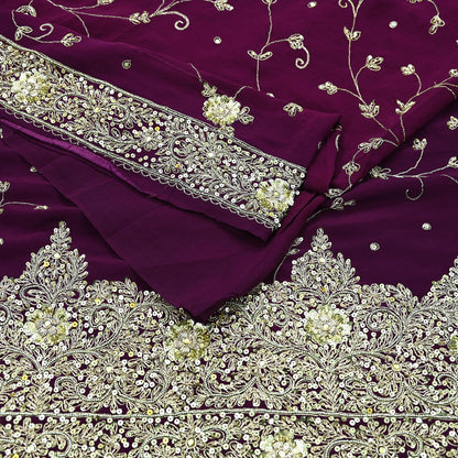 Indian Vintage Purple Saree | Pure Crepe Silk | Hand Embroidered with Zardozi | 5 Yards Soft Fabric for Sewing, Dressmaking, Craft Projects