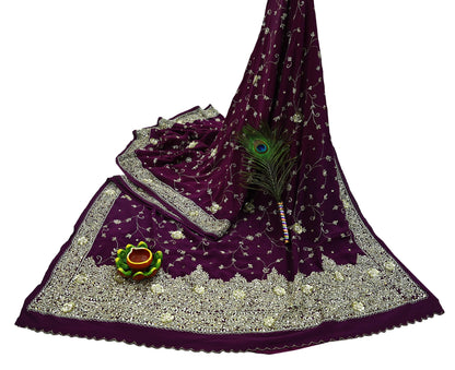 Indian Vintage Purple Saree | Pure Crepe Silk | Hand Embroidered with Zardozi | 5 Yards Soft Fabric for Sewing, Dressmaking, Craft Projects