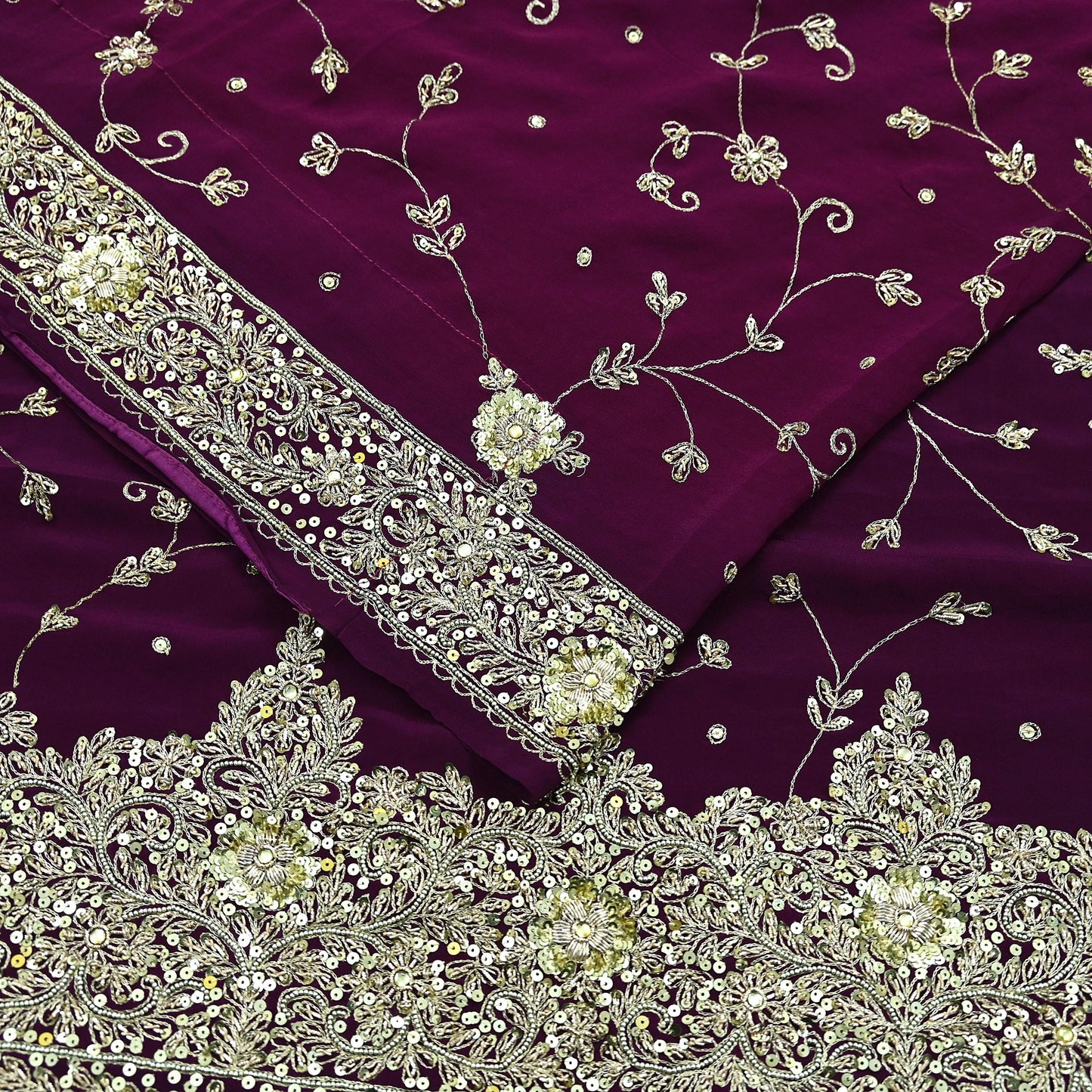 Indian Vintage Purple Saree | Pure Crepe Silk | Hand Embroidered with Zardozi | 5 Yards Soft Fabric for Sewing, Dressmaking, Craft Projects