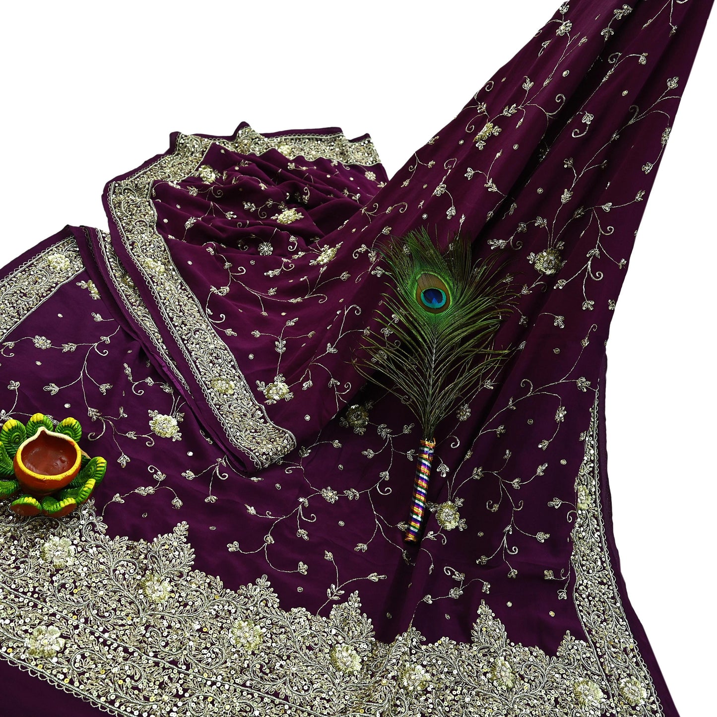 Indian Vintage Purple Saree | Pure Crepe Silk | Hand Embroidered with Zardozi | 5 Yards Soft Fabric for Sewing, Dressmaking, Craft Projects