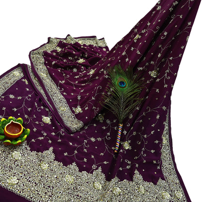 Indian Vintage Purple Saree | Pure Crepe Silk | Hand Embroidered with Zardozi | 5 Yards Soft Fabric for Sewing, Dressmaking, Craft Projects