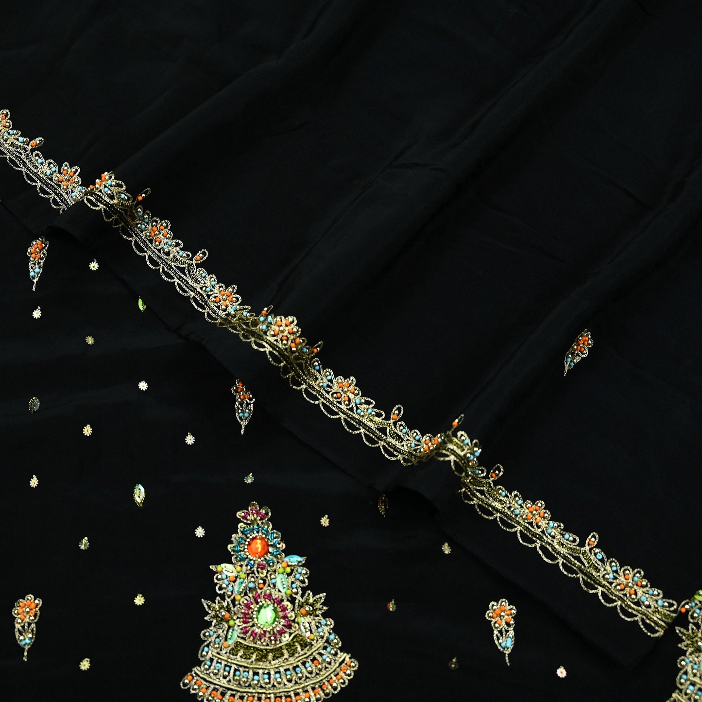 Indian Vintage Black Saree | Pure Crepe Silk | Hand Embroidered Zardozi Work | 5 Yards | Soft Craft Fabric for Sewing, Dressmaking Upcycling