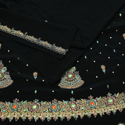Indian Vintage Black Saree | Pure Crepe Silk | Hand Embroidered Zardozi Work | 5 Yards | Soft Craft Fabric for Sewing, Dressmaking Upcycling