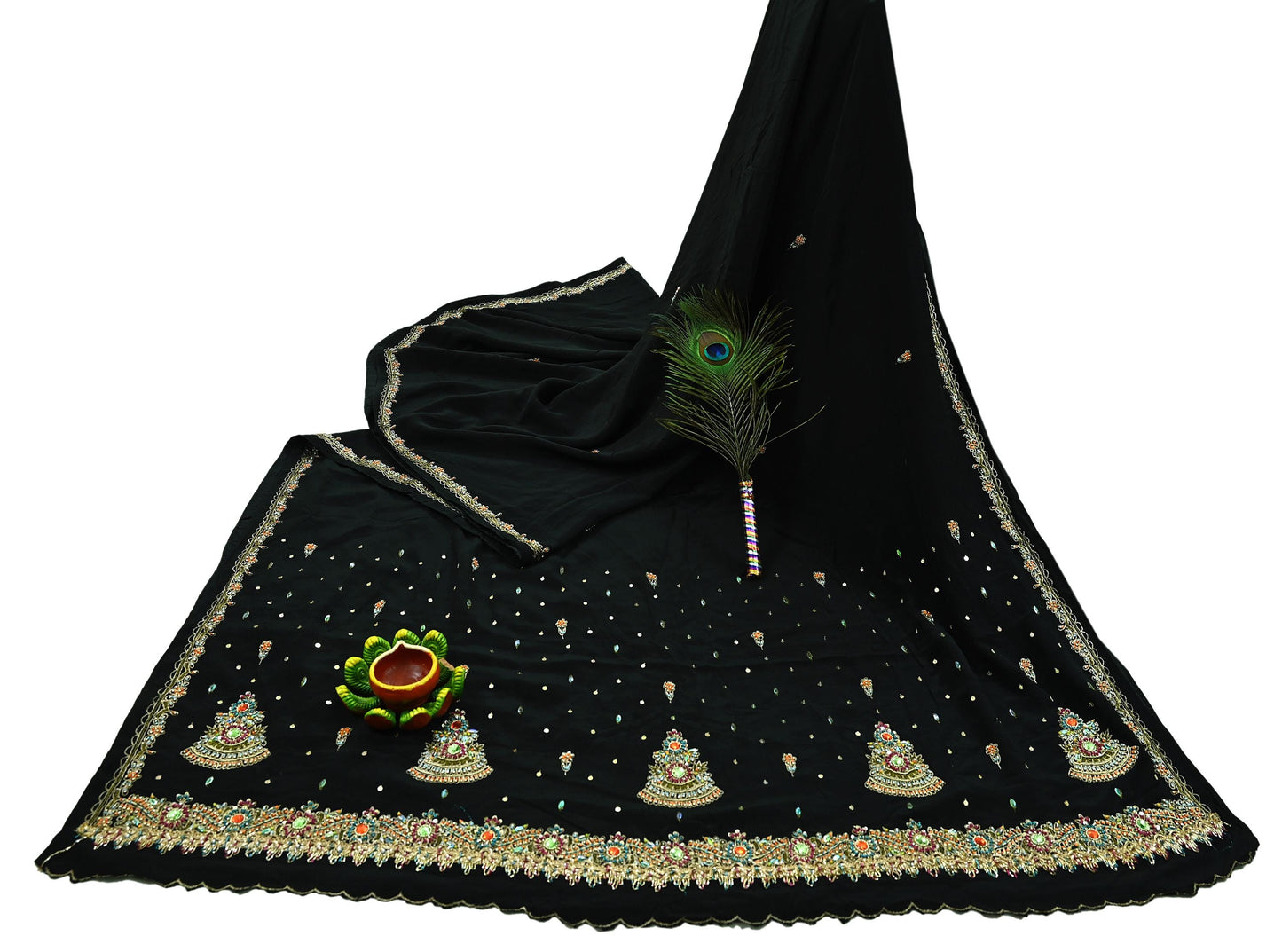 Indian Vintage Black Saree | Pure Crepe Silk | Hand Embroidered Zardozi Work | 5 Yards | Soft Craft Fabric for Sewing, Dressmaking Upcycling