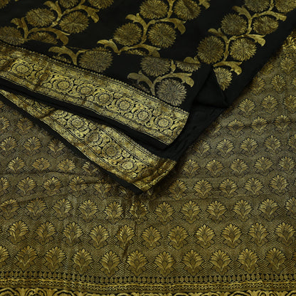 Indian Antique Vintage Black Kanjivaram Saree | Handwoven | 100% Pure Silk | Heavy Zari Work | 5 Yards Craft Fabric for Sewing, Dressmaking