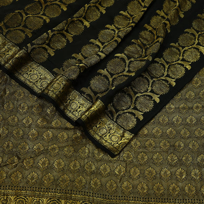 Indian Antique Vintage Black Kanjivaram Saree | Handwoven | 100% Pure Silk | Heavy Zari Work | 5 Yards Craft Fabric for Sewing, Dressmaking
