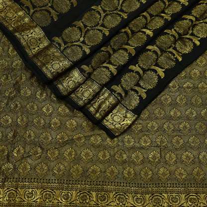 Indian Antique Vintage Black Kanjivaram Saree | Handwoven | 100% Pure Silk | Heavy Zari Work | 5 Yards Craft Fabric for Sewing, Dressmaking
