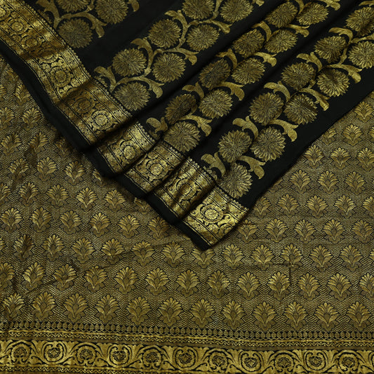 Indian Antique Vintage Black Kanjivaram Saree | Handwoven | 100% Pure Silk | Heavy Zari Work | 5 Yards Craft Fabric for Sewing, Dressmaking