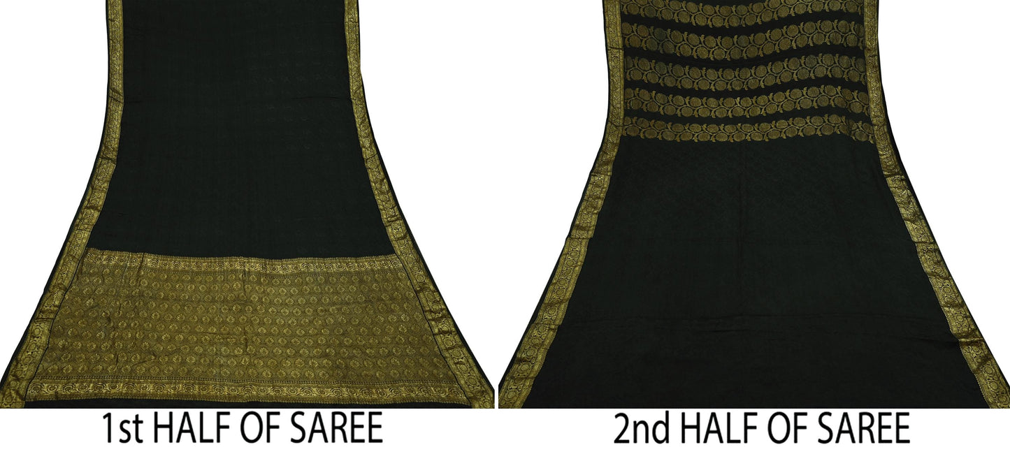 Indian Antique Vintage Black Kanjivaram Saree | Handwoven | 100% Pure Silk | Heavy Zari Work | 5 Yards Craft Fabric for Sewing, Dressmaking