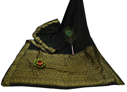 Indian Antique Vintage Black Kanjivaram Saree | Handwoven | 100% Pure Silk | Heavy Zari Work | 5 Yards Craft Fabric for Sewing, Dressmaking