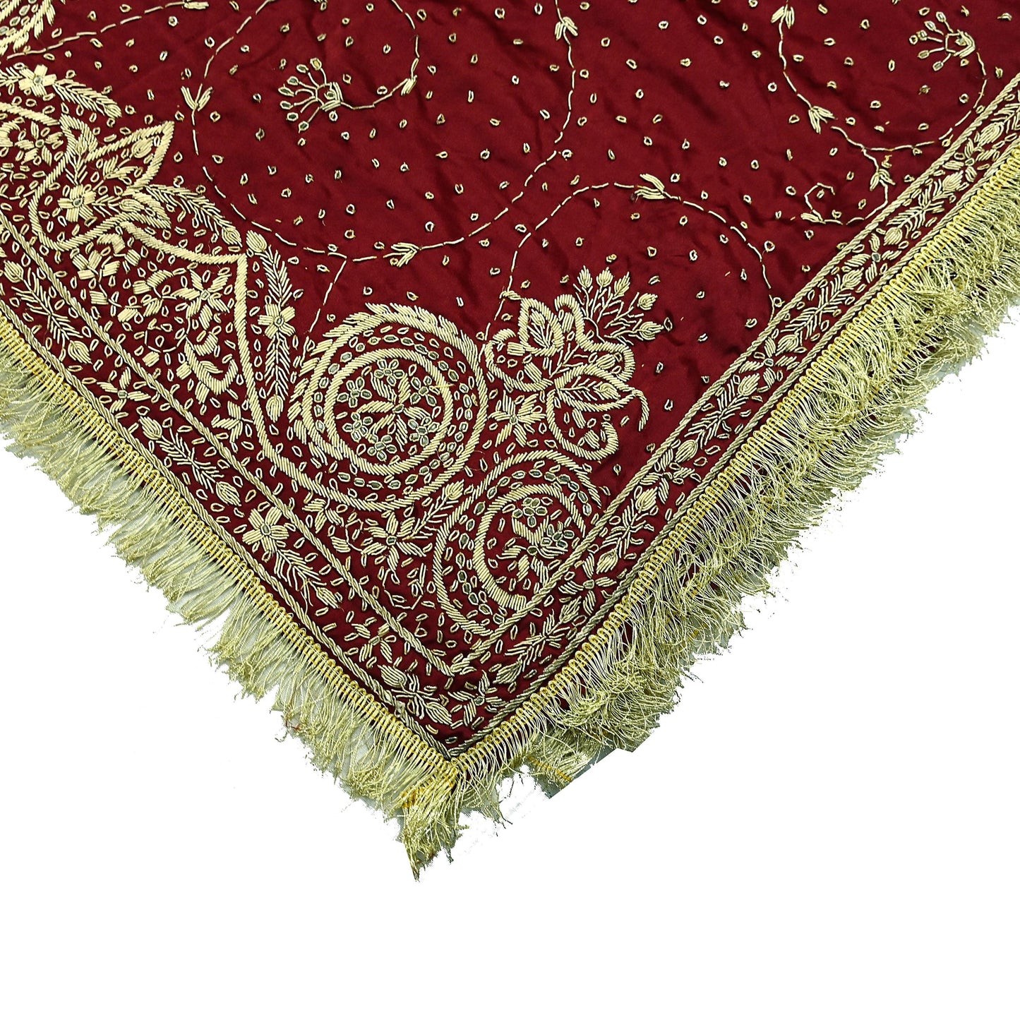 Indian Vintage Heavy Maroon Wedding Dupatta | Pure Satin Silk | Hand Embroidered Zardozi, Dabka, Zari & Beaded Bridal Stole, Veil Scarves