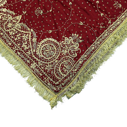 Indian Vintage Heavy Maroon Wedding Dupatta | Pure Satin Silk | Hand Embroidered Zardozi, Dabka, Zari & Beaded Bridal Stole, Veil Scarves