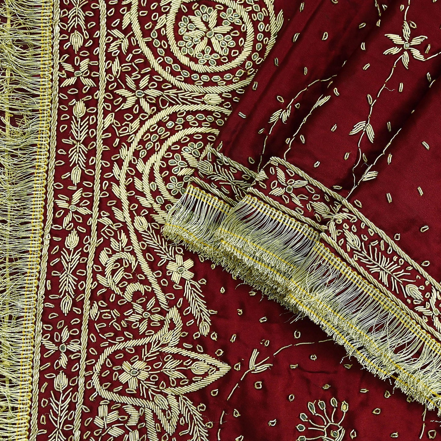 Indian Vintage Heavy Maroon Wedding Dupatta | Pure Satin Silk | Hand Embroidered Zardozi, Dabka, Zari & Beaded Bridal Stole, Veil Scarves
