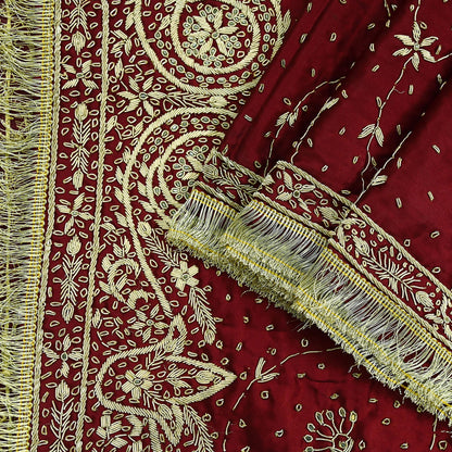 Indian Vintage Heavy Maroon Wedding Dupatta | Pure Satin Silk | Hand Embroidered Zardozi, Dabka, Zari & Beaded Bridal Stole, Veil Scarves