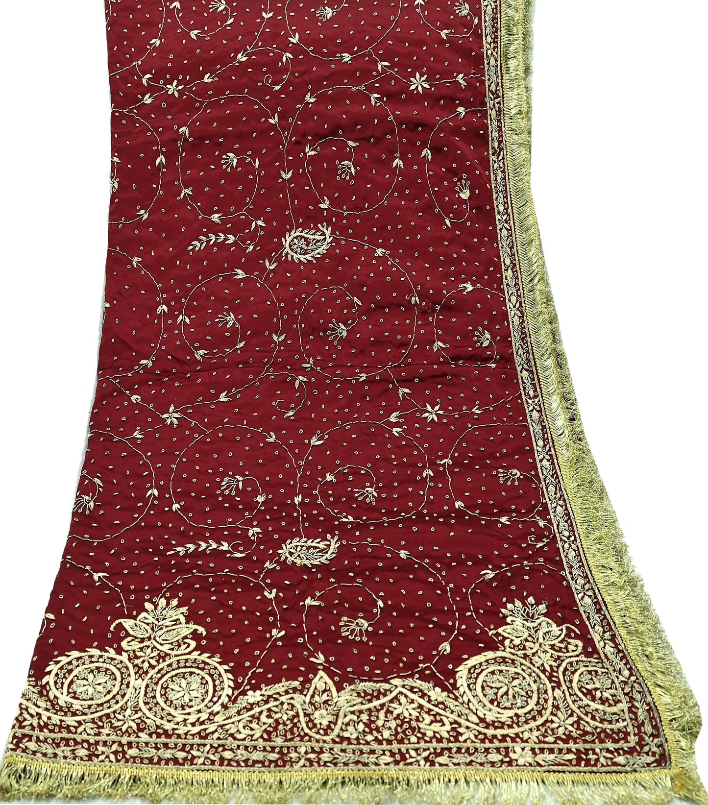 Indian Vintage Heavy Maroon Wedding Dupatta | Pure Satin Silk | Hand Embroidered Zardozi, Dabka, Zari & Beaded Bridal Stole, Veil Scarves