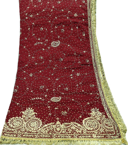 Indian Vintage Heavy Maroon Wedding Dupatta | Pure Satin Silk | Hand Embroidered Zardozi, Dabka, Zari & Beaded Bridal Stole, Veil Scarves