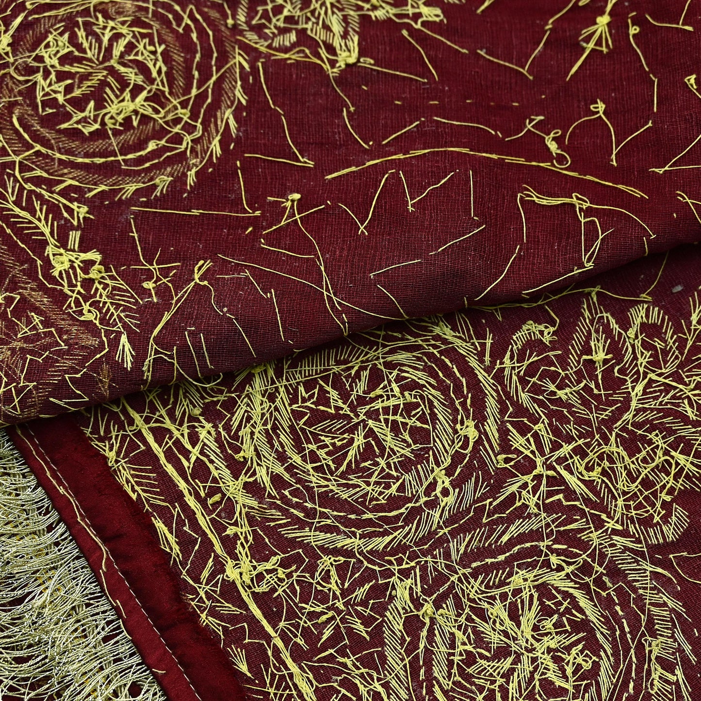 Indian Vintage Heavy Maroon Wedding Dupatta | Pure Satin Silk | Hand Embroidered Zardozi, Dabka, Zari & Beaded Bridal Stole, Veil Scarves