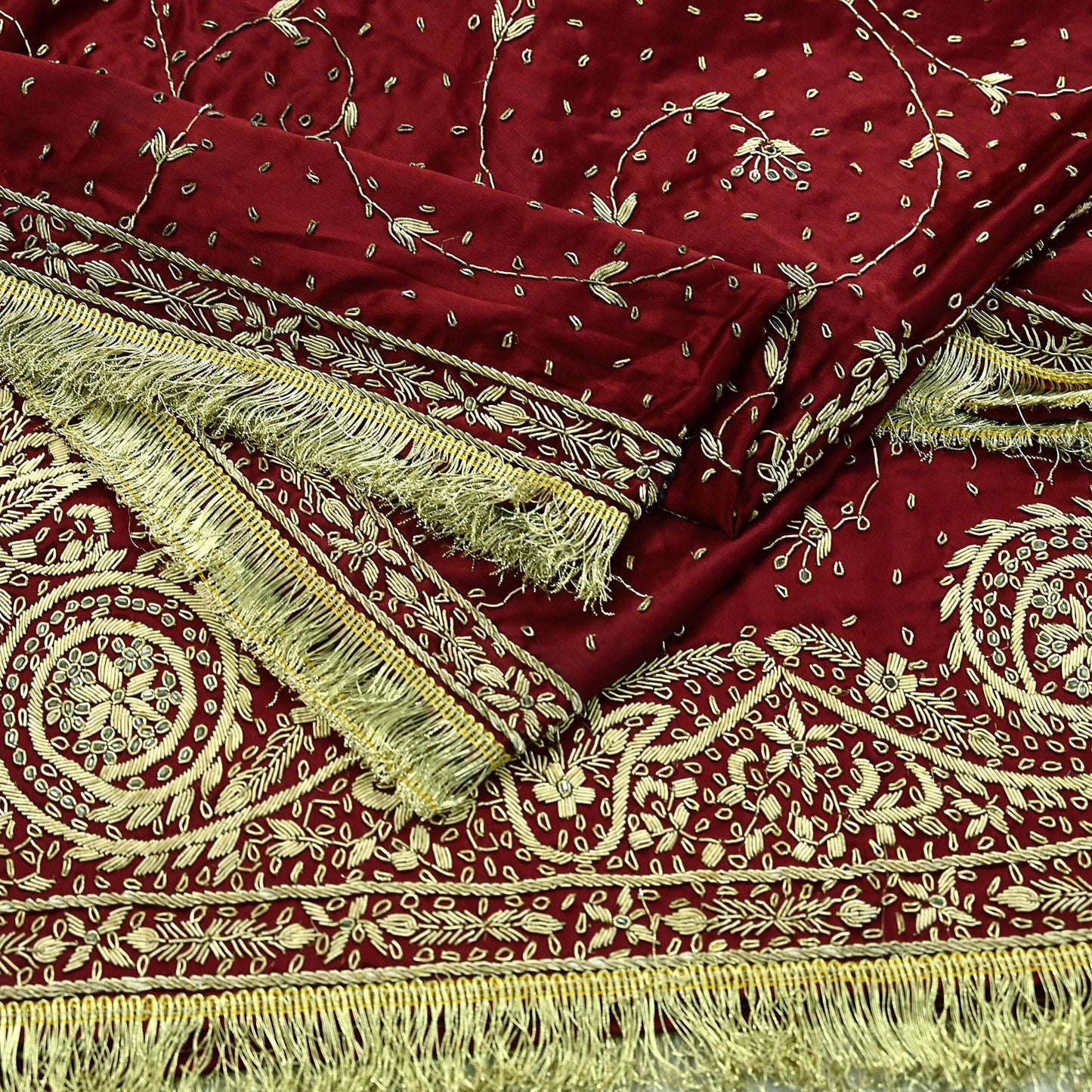 Indian Vintage Heavy Maroon Wedding Dupatta | Pure Satin Silk | Hand Embroidered Zardozi, Dabka, Zari & Beaded Bridal Stole, Veil Scarves
