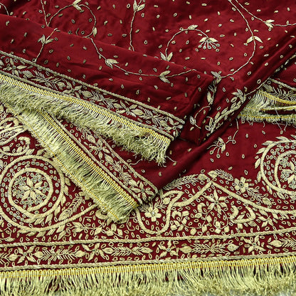 Indian Vintage Heavy Maroon Wedding Dupatta | Pure Satin Silk | Hand Embroidered Zardozi, Dabka, Zari & Beaded Bridal Stole, Veil Scarves
