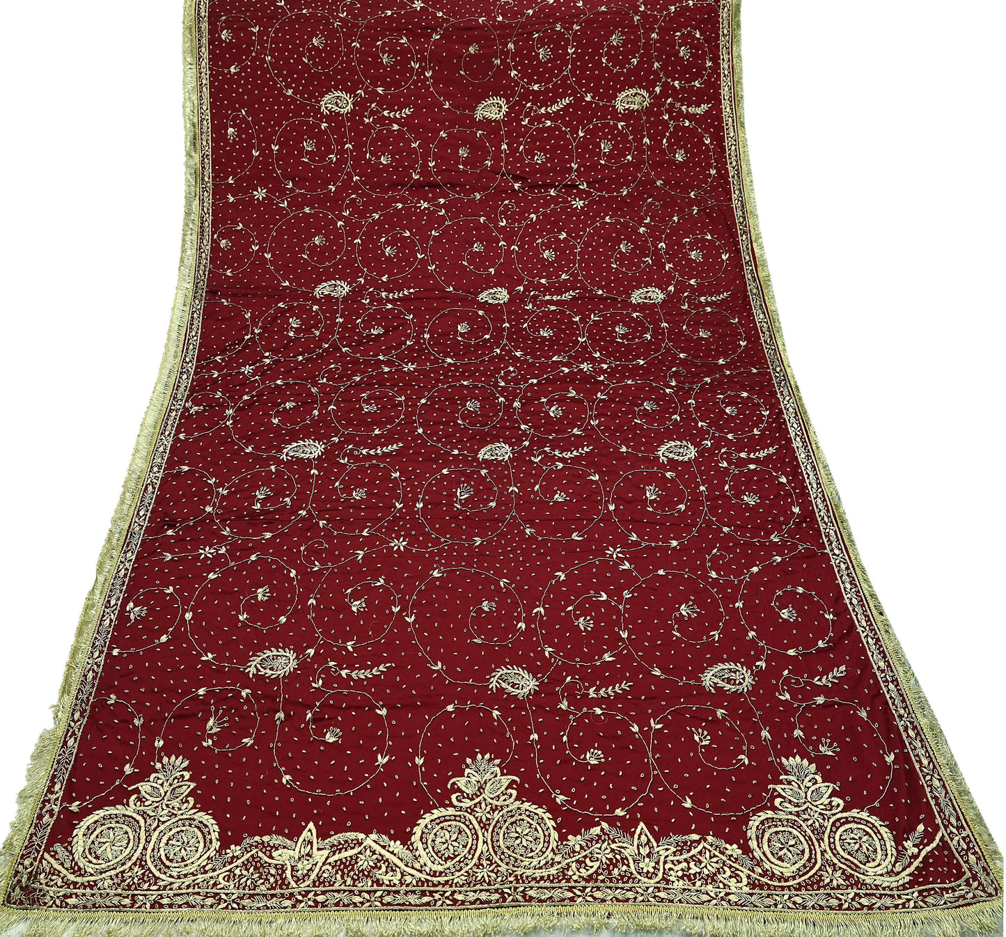 Indian Vintage Heavy Maroon Wedding Dupatta | Pure Satin Silk | Hand Embroidered Zardozi, Dabka, Zari & Beaded Bridal Stole, Veil Scarves