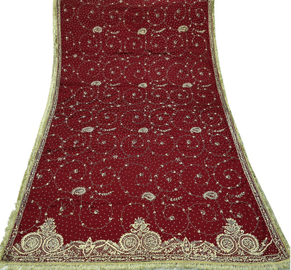Indian Vintage Heavy Maroon Wedding Dupatta | Pure Satin Silk | Hand Embroidered Zardozi, Dabka, Zari & Beaded Bridal Stole, Veil Scarves