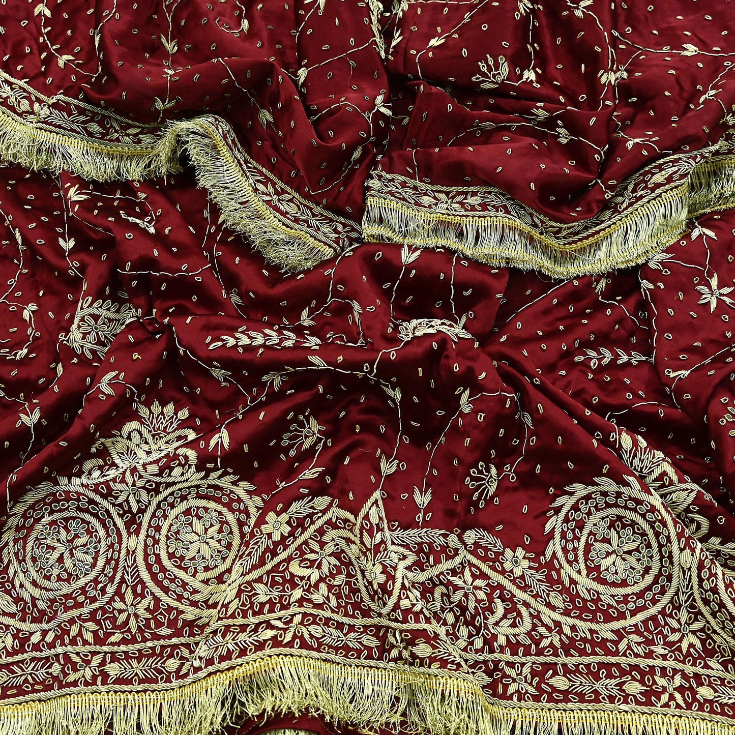Indian Vintage Heavy Maroon Wedding Dupatta | Pure Satin Silk | Hand Embroidered Zardozi, Dabka, Zari & Beaded Bridal Stole, Veil Scarves