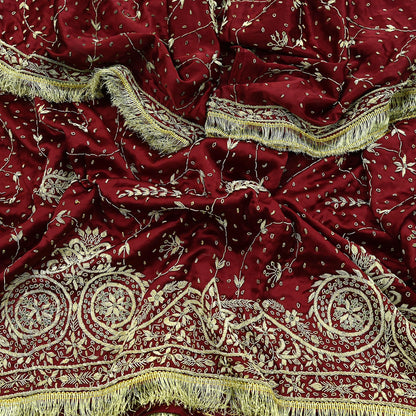 Indian Vintage Heavy Maroon Wedding Dupatta | Pure Satin Silk | Hand Embroidered Zardozi, Dabka, Zari & Beaded Bridal Stole, Veil Scarves