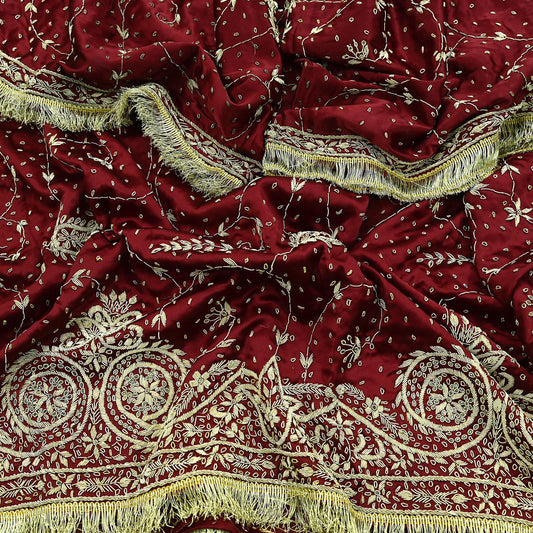 Indian Vintage Heavy Maroon Wedding Dupatta | Pure Satin Silk | Hand Embroidered Zardozi, Dabka, Zari & Beaded Bridal Stole, Veil Scarves