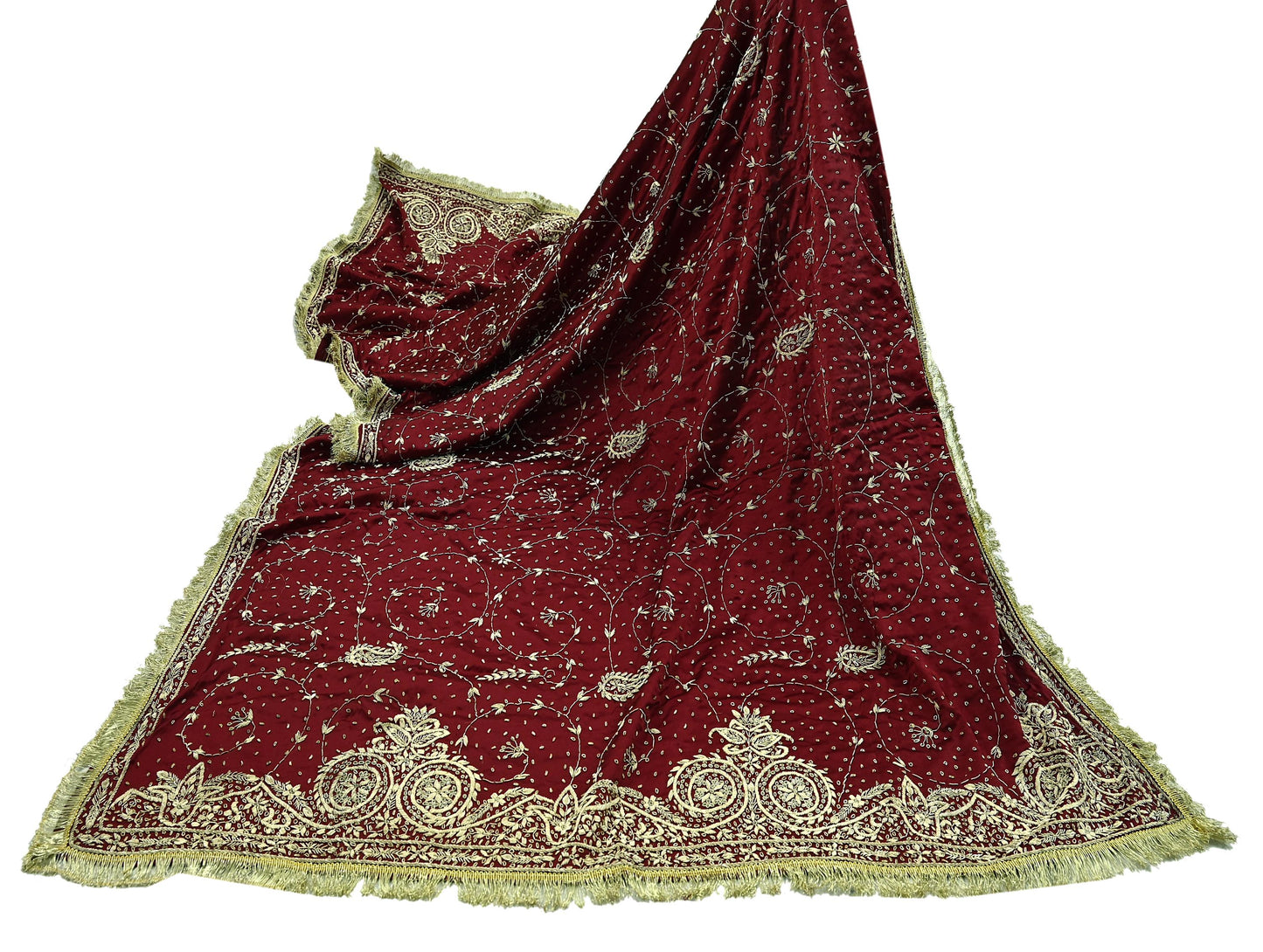 Indian Vintage Heavy Maroon Wedding Dupatta | Pure Satin Silk | Hand Embroidered Zardozi, Dabka, Zari & Beaded Bridal Stole, Veil Scarves
