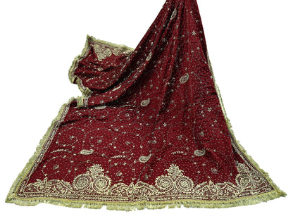 Indian Vintage Heavy Maroon Wedding Dupatta | Pure Satin Silk | Hand Embroidered Zardozi, Dabka, Zari & Beaded Bridal Stole, Veil Scarves