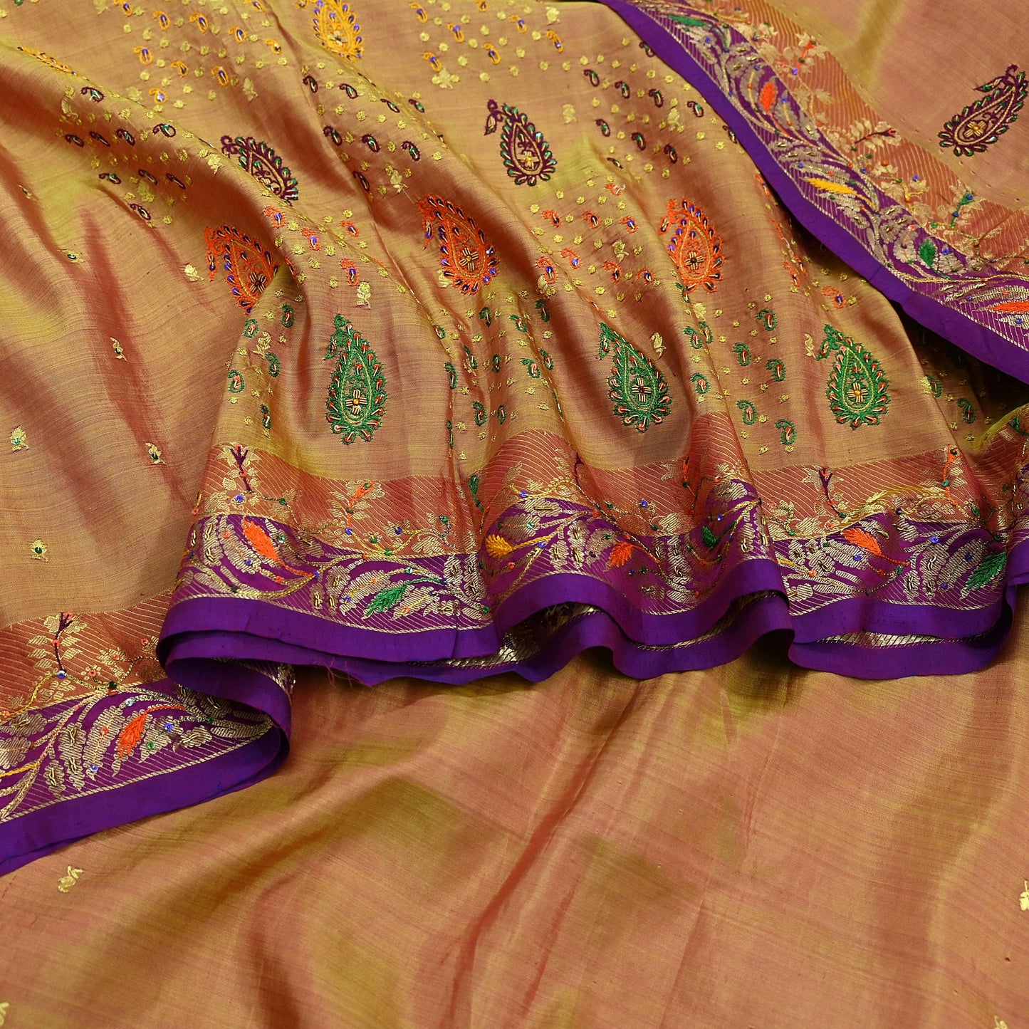 Indian Vintage Kanjivaram Saree | Heavy Hand Embroidered Pure Silk | Purple & Saffron Bridal Fabric | 5 Yards Dress Making Bollywood Sarees