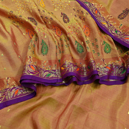 Indian Vintage Kanjivaram Saree | Heavy Hand Embroidered Pure Silk | Purple & Saffron Bridal Fabric | 5 Yards Dress Making Bollywood Sarees