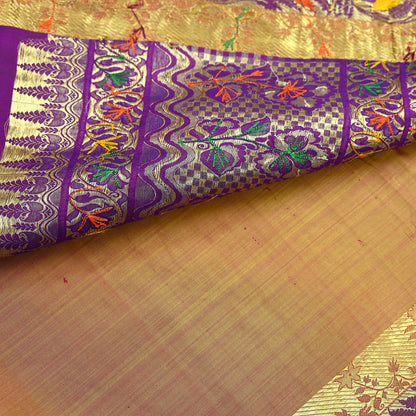 Indian Vintage Kanjivaram Saree | Heavy Hand Embroidered Pure Silk | Purple & Saffron Bridal Fabric | 5 Yards Dress Making Bollywood Sarees