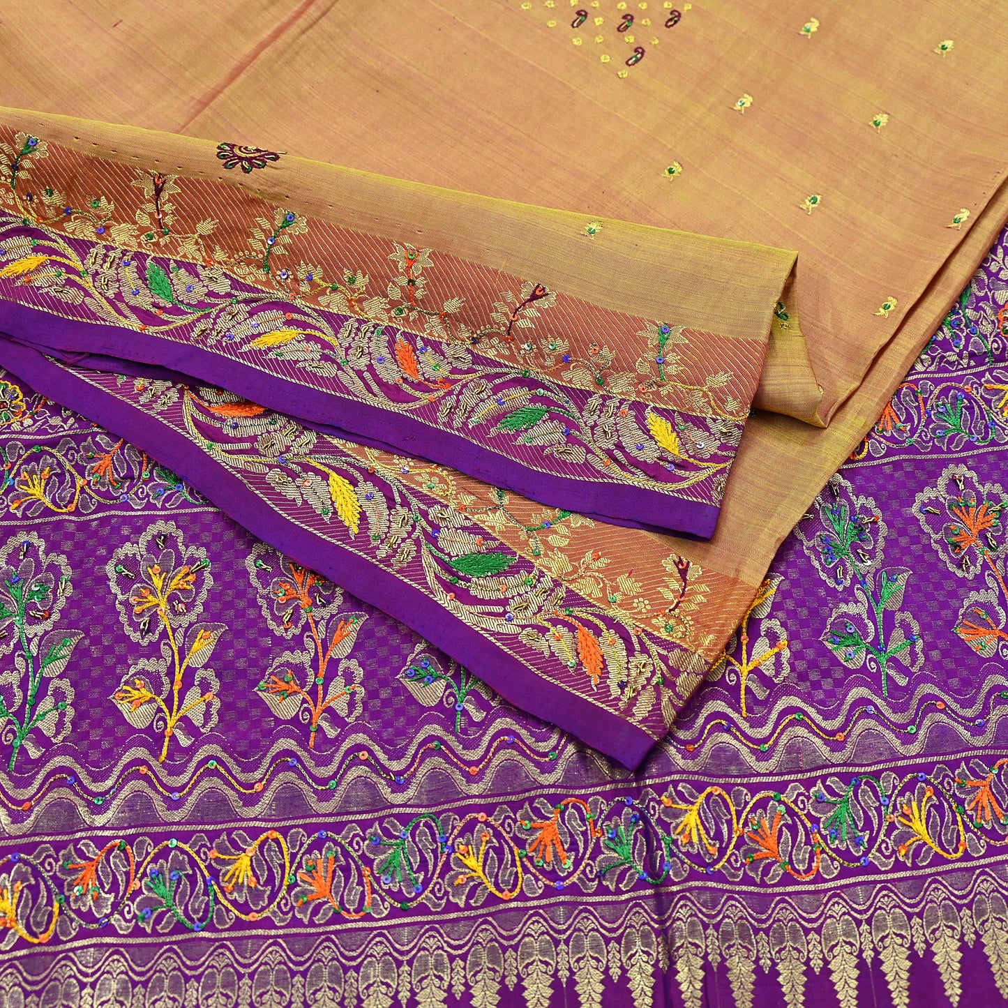 Indian Vintage Kanjivaram Saree | Heavy Hand Embroidered Pure Silk | Purple & Saffron Bridal Fabric | 5 Yards Dress Making Bollywood Sarees