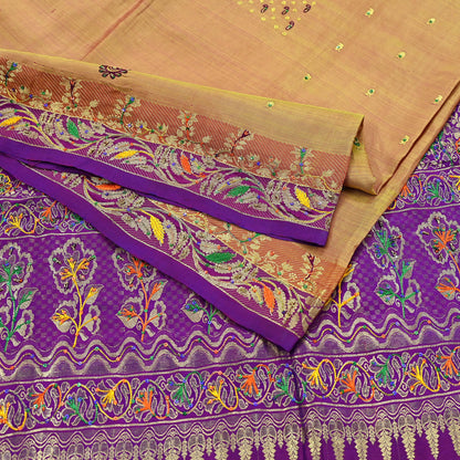 Indian Vintage Kanjivaram Saree | Heavy Hand Embroidered Pure Silk | Purple & Saffron Bridal Fabric | 5 Yards Dress Making Bollywood Sarees