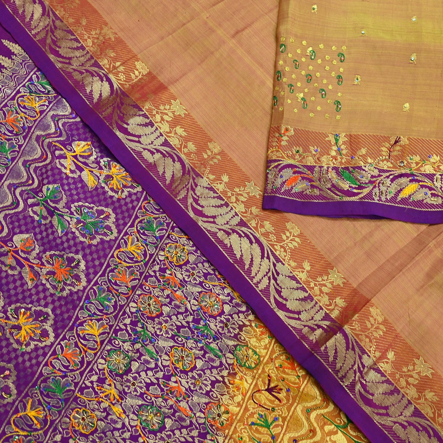 Indian Vintage Kanjivaram Saree | Heavy Hand Embroidered Pure Silk | Purple & Saffron Bridal Fabric | 5 Yards Dress Making Bollywood Sarees