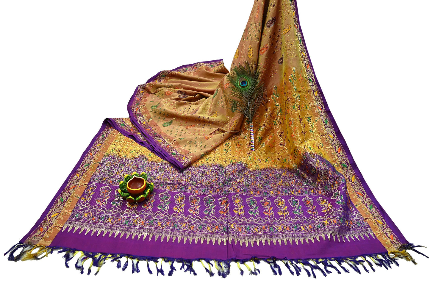 Indian Vintage Kanjivaram Saree | Heavy Hand Embroidered Pure Silk | Purple & Saffron Bridal Fabric | 5 Yards Dress Making Bollywood Sarees