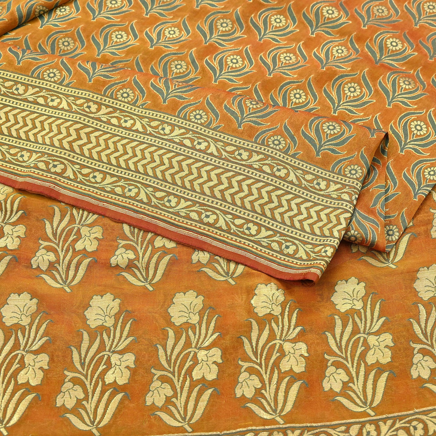 Indian Vintage Saffron Saree 100% Pure Silk Handwoven Zari Fabric | 5Yd Soft Craft Sari | Sewing, Quilting, Dressmaking, Upcycle Textile