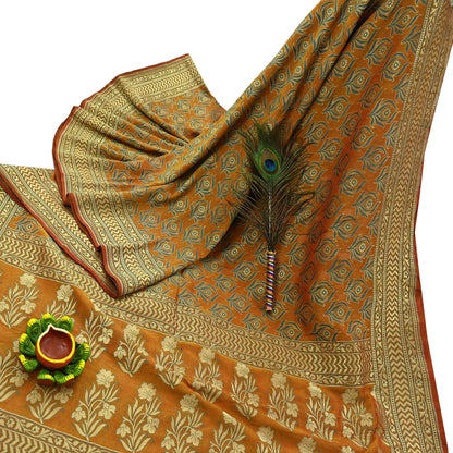 Indian Vintage Saffron Saree 100% Pure Silk Handwoven Zari Fabric | 5Yd Soft Craft Sari | Sewing, Quilting, Dressmaking, Upcycle Textile