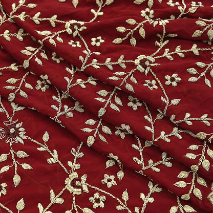 Indian Vintage Heavy Bridal Dupatta Maroon Pure Georgette Silk | Hand Embroidered Zardozi Zari Dabka Stole | Floral Wedding/Party Hijab Veil